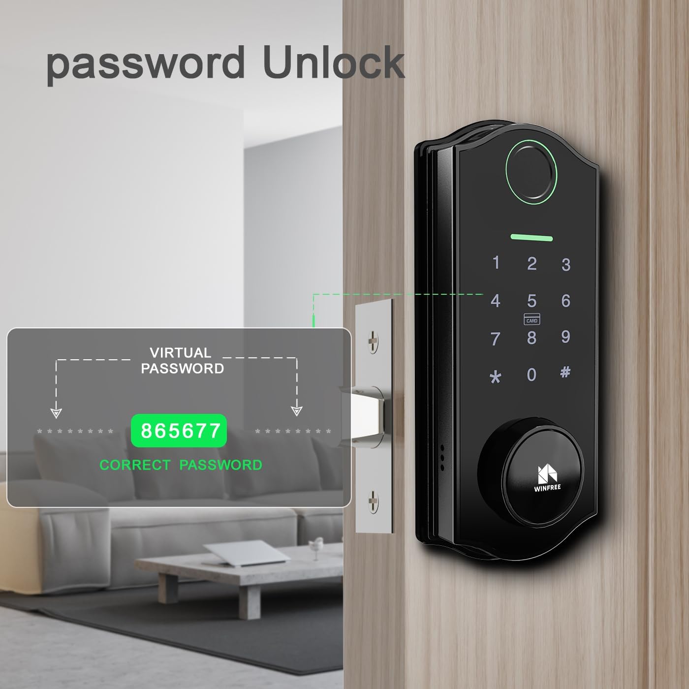 WINFREE HC-M1 Smart Lock showing fingerprint unlock feature.