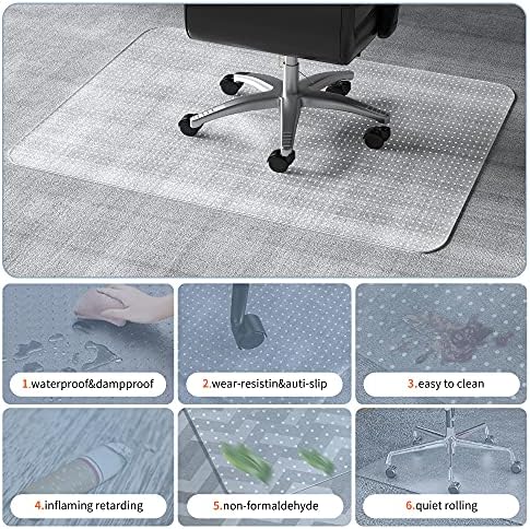 Office Chair Mat for Carpet, WASJOYE Transparent PVC Desks Mat Large 120x75cm with Non-Slip Studded Backing Pile Carpet Protector for Home Office Study