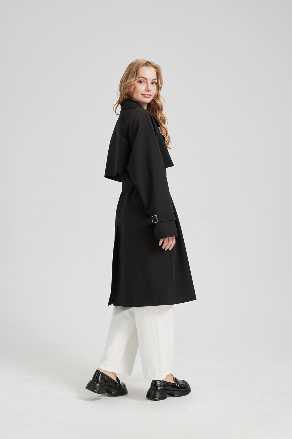 Womens Oversized Long Trench Coat Double Breated Lapel Overcoat With Belt