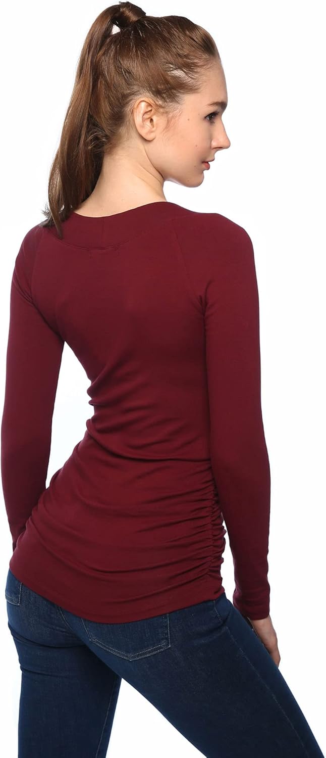AmélieBoutik Women V Neck Raglan Long Sleeve Ruched Sides Top - Image 5