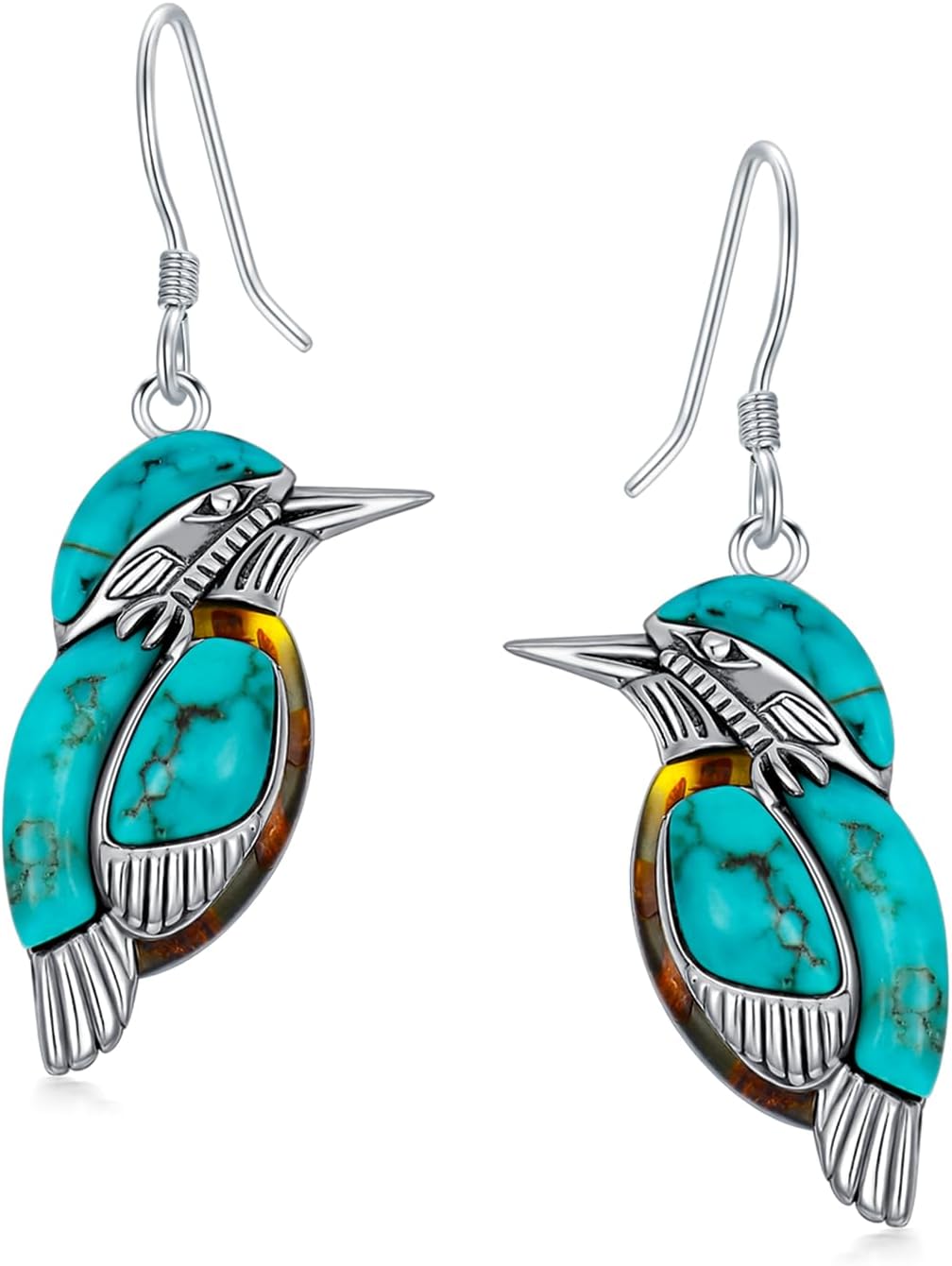Genuine Turquoise and Amber Stone Leverback Bird Earrings, Sterling Silver Native American Western Jewelry Earrings for Women