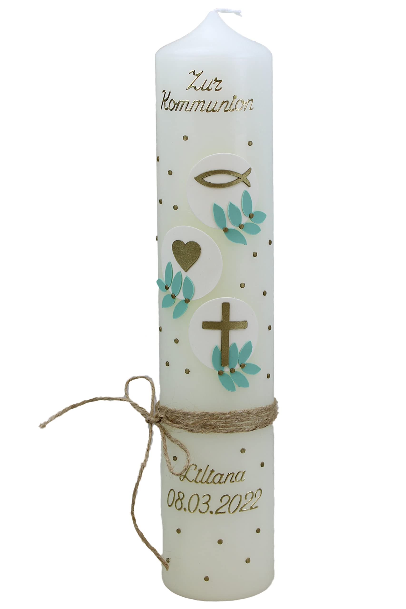 Kommunionkerze LILIANA mit Kreuz, Taube, Kelch und Fische/Wellen 1356