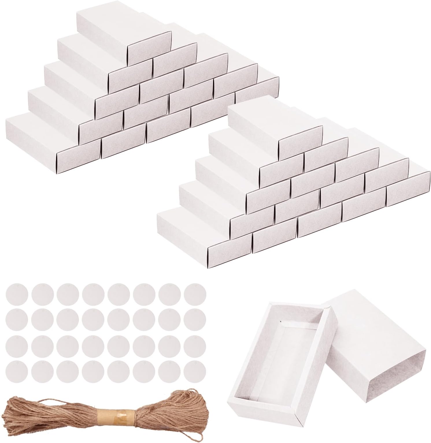 32 Pcs Kraft Paper Drawer Box Mini Cardboard Present Boxes Rectangle Drawer Kraft Boxes with Blank Tags and Jute String Present Packaging Boxes for Business Jewelry Candy Wedding Party Supplies(White)