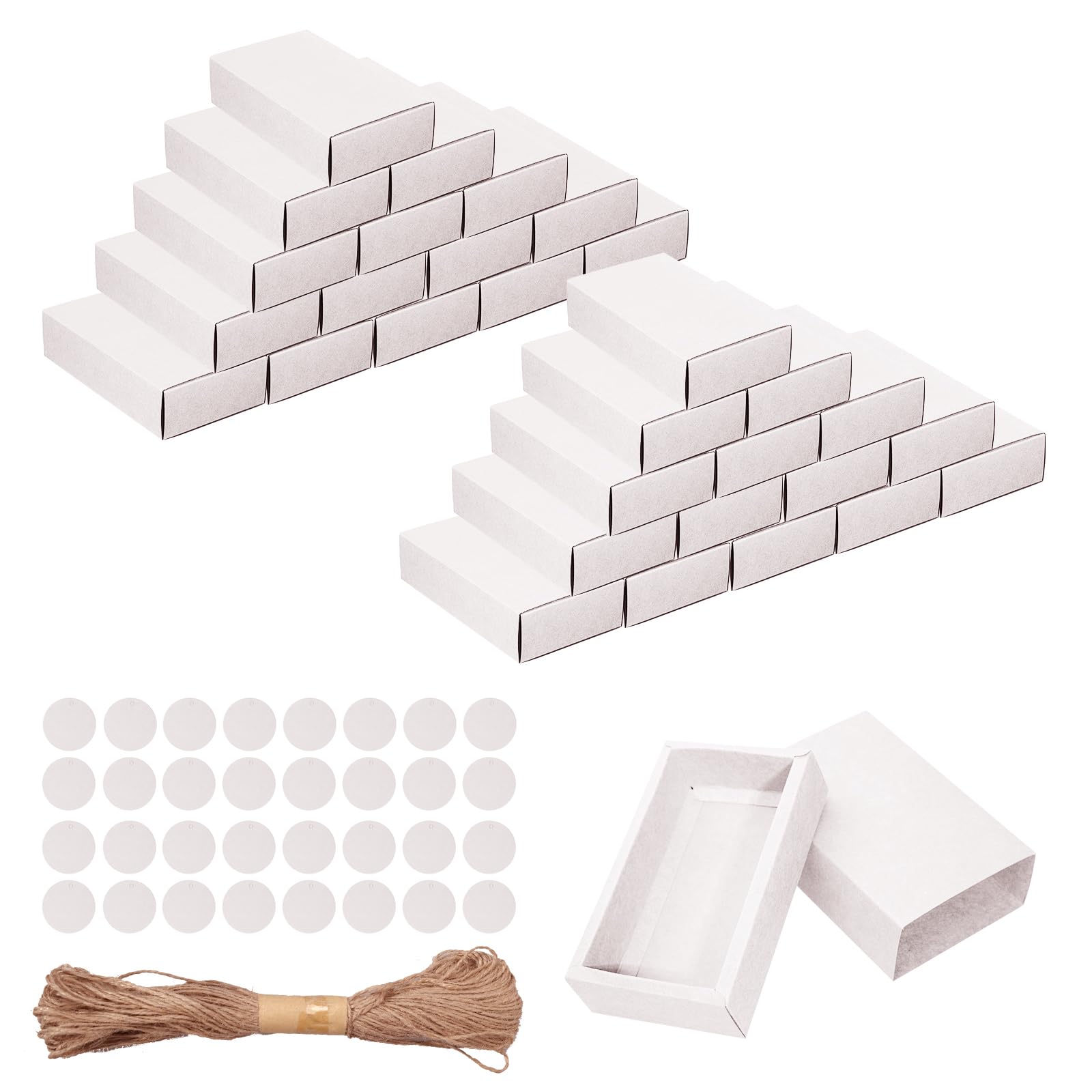 32 Pcs Kraft Paper Drawer Box Mini Cardboard Present Boxes Rectangle Drawer Kraft Boxes with Blank Tags and Jute String Present Packaging Boxes for Business Jewelry Candy Wedding Party Supplies(White)