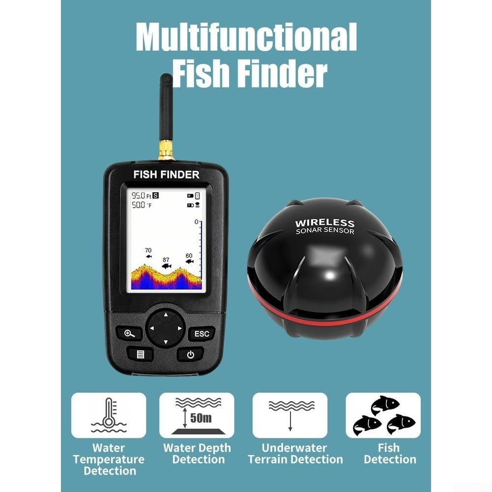 Smart Sonar Fish Finder Funkcja automatycznego włączania i wyłączania | Zasięg bezprzewodowy 100 m, szeroki skanowanie 90°, wykrywa ryby i teren, idealny do dużych jezior, obszarów przybrzeżnych
