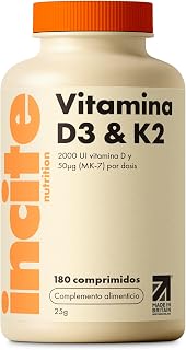 Incite Nutrition Vitamina D3 2000 UI y K2 (MK7) 50 µg – 180 Tabletas Vegetarianas Prémium – Suministro de 6 Meses – Vitamina D3 y K2 de Alta Potencia 
