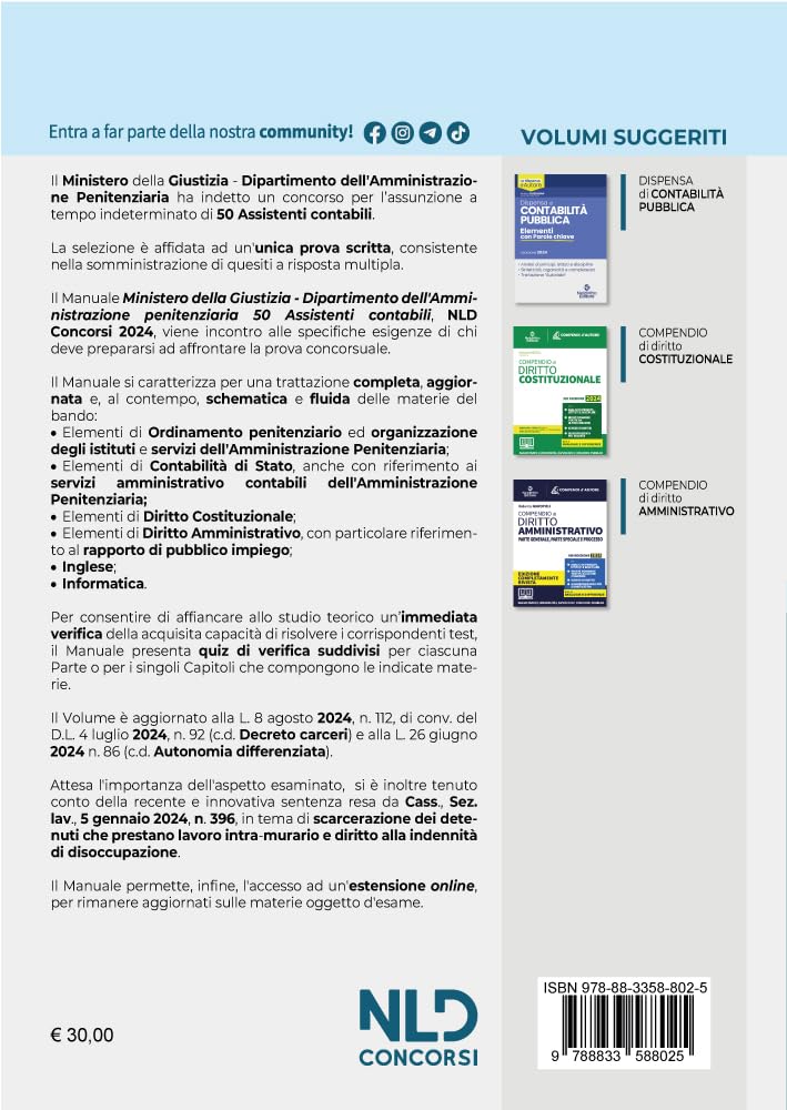 Concorso Ministero della Giustizia. 50 assistenti contabili per il DAP (Dipartimento dell'Amministrazione Penitenziaria) 2024. Manuale + quiz per la preparazione. Con espansione online