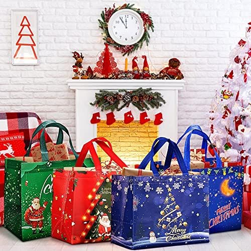 DOJoykey Christmas Tote Bags, 8pcs Festive Design Christmas Shopping Bags Non-woven Fabric Reusable Grocery Bags for Christmas