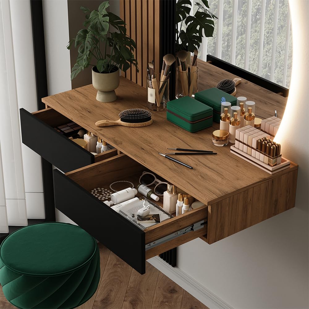 Vicco Tavolo da toeletta Melina, Quercia/nero, 100 cm con specchio a LED, Perfetto per una routine di bellezza organizzata