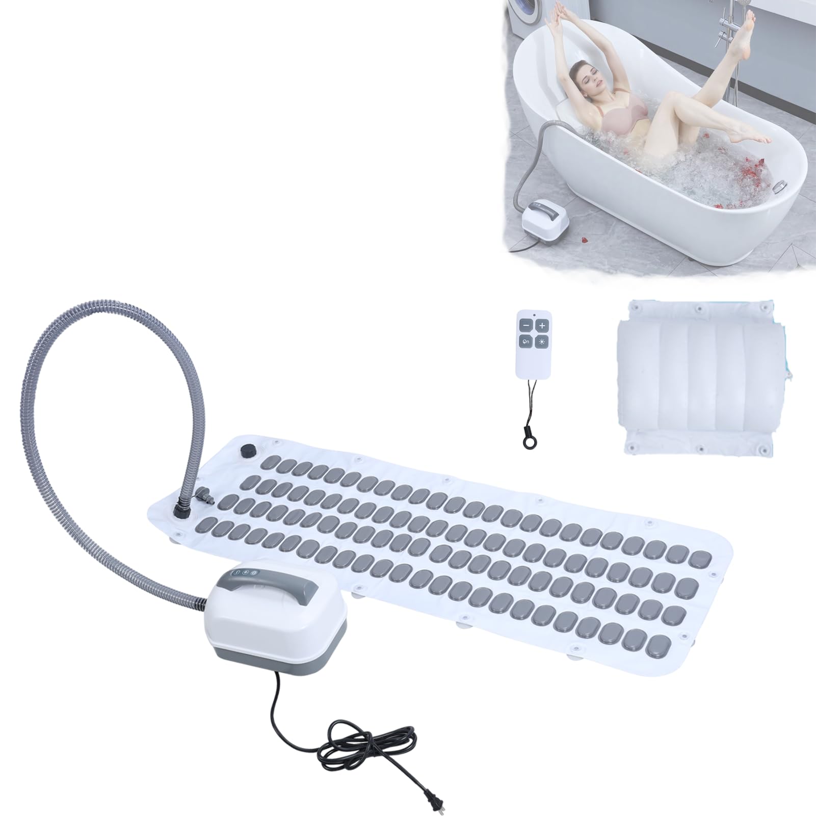 Portable Spa Bubble Bath Massager, Spa Waterproof Non-Slip Mat with Suction Cup Bottom, Bathtub Bubble Mat with Remote Control & Pillow, Electric Air