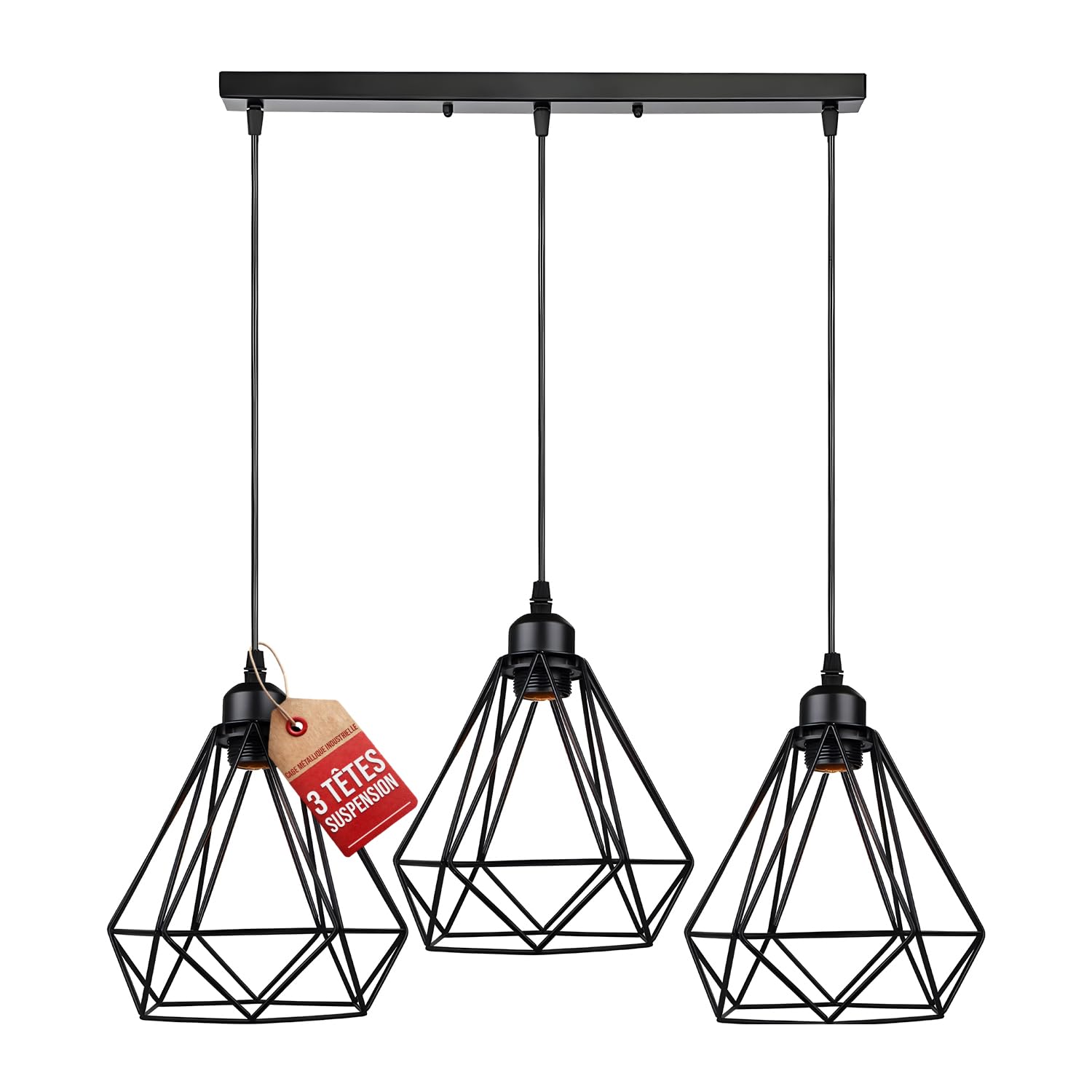 LEDSone 3 Head Industrial Drop Ceiling Pendant Lights 20cm Black Wire Lampshade Diamond Cage Design E27 1m Adjustable Hanging Fixer for Dining Room Living Room Kitchen Loft