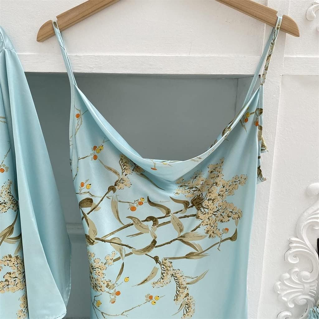 Print 2pcs Robe Sleep Suit Women Bridal Kimono Bathrobe Gown Lingerie Satin V-Neck Sleepwear Strap Nightgown(Medium)