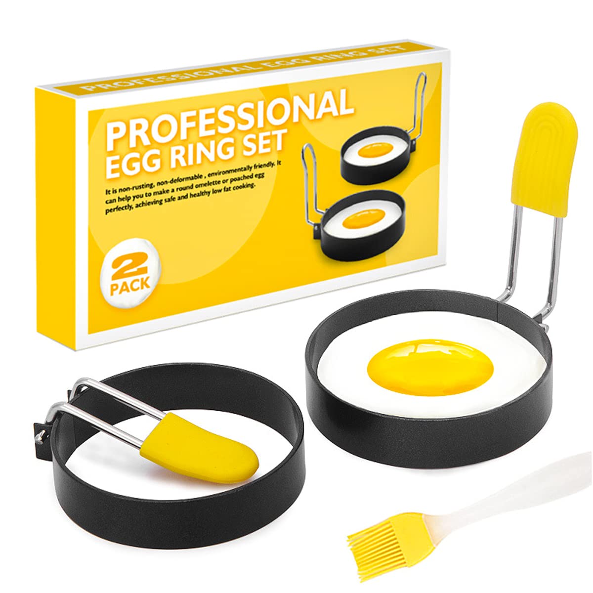 Egg Ring, Stainless Steel Egg Rings, with Anti-scald Handle with an Oil Brush for Fried Egg Sandwiches, Frying or Shaping Eggs Shaper Molds, Household Kitchen Mold Tool, 2 Pack + Oil Brush (Round)