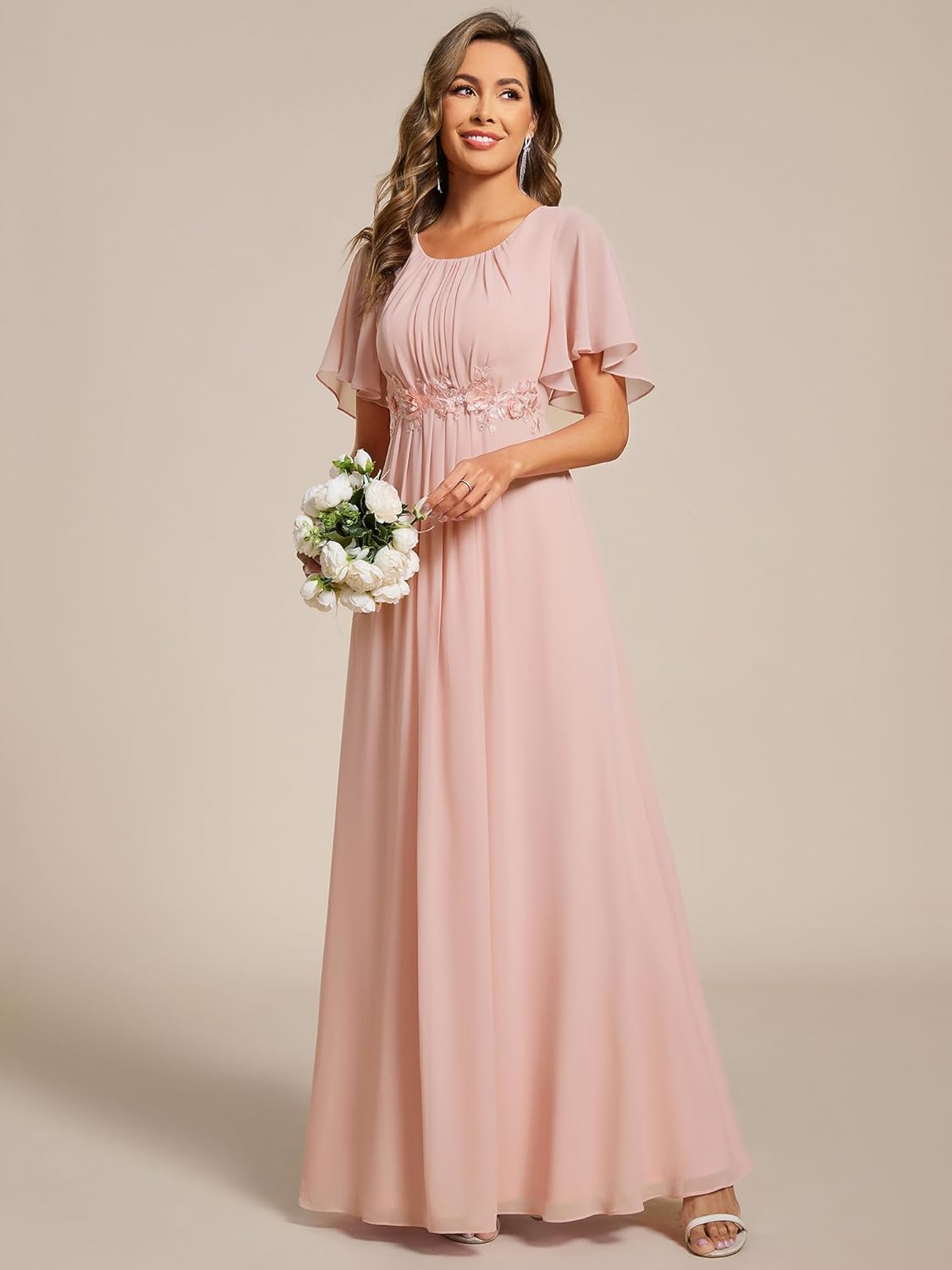 Ever-Pretty Women's Classic Round Neck Pleated Short Sleeves Chiffon Appliques Floor Length A Line Formal Evening Dresses - Image 3