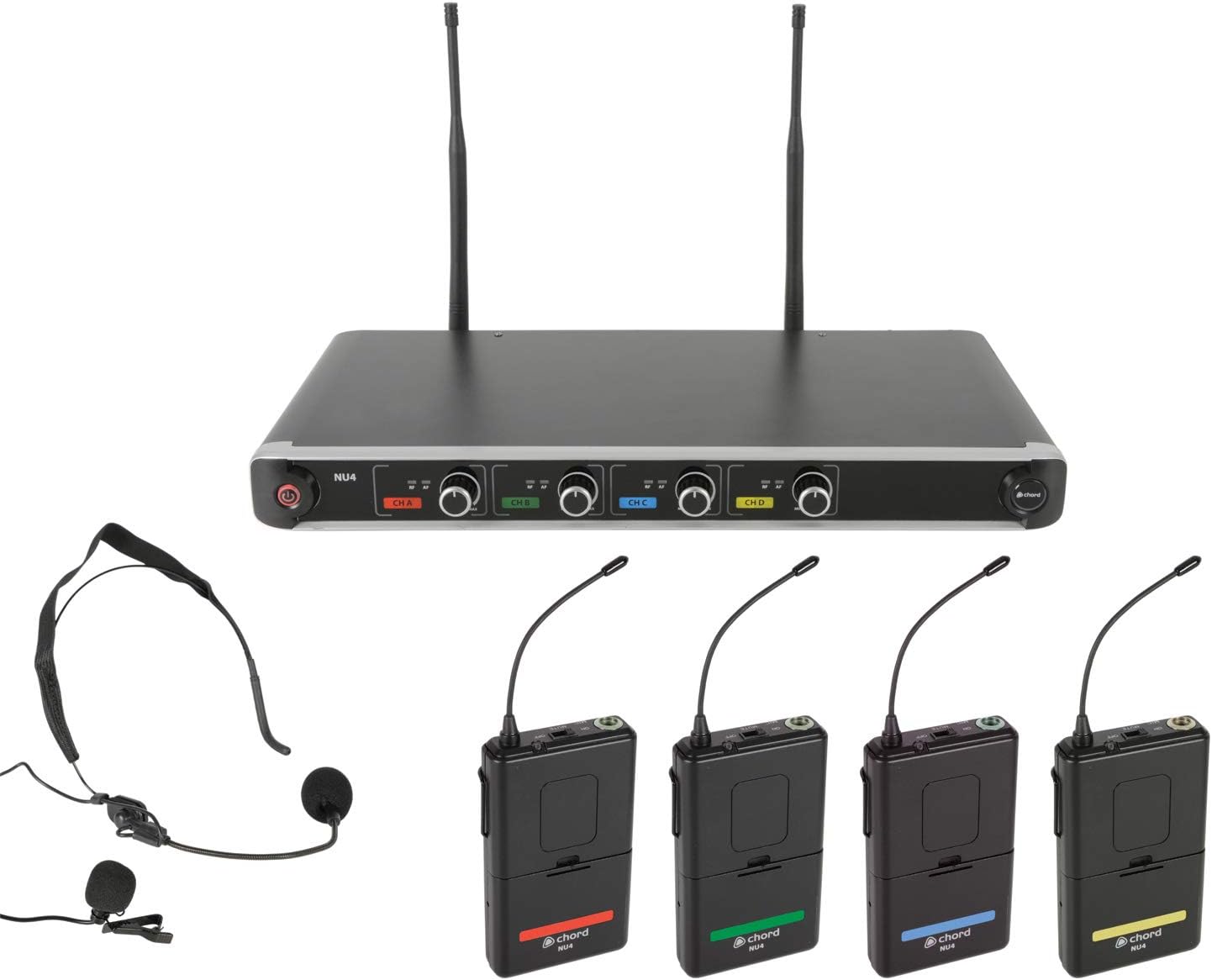 Chord | Quad UHF Wireless Microphone System | 4 x Neckband/Tie Clip