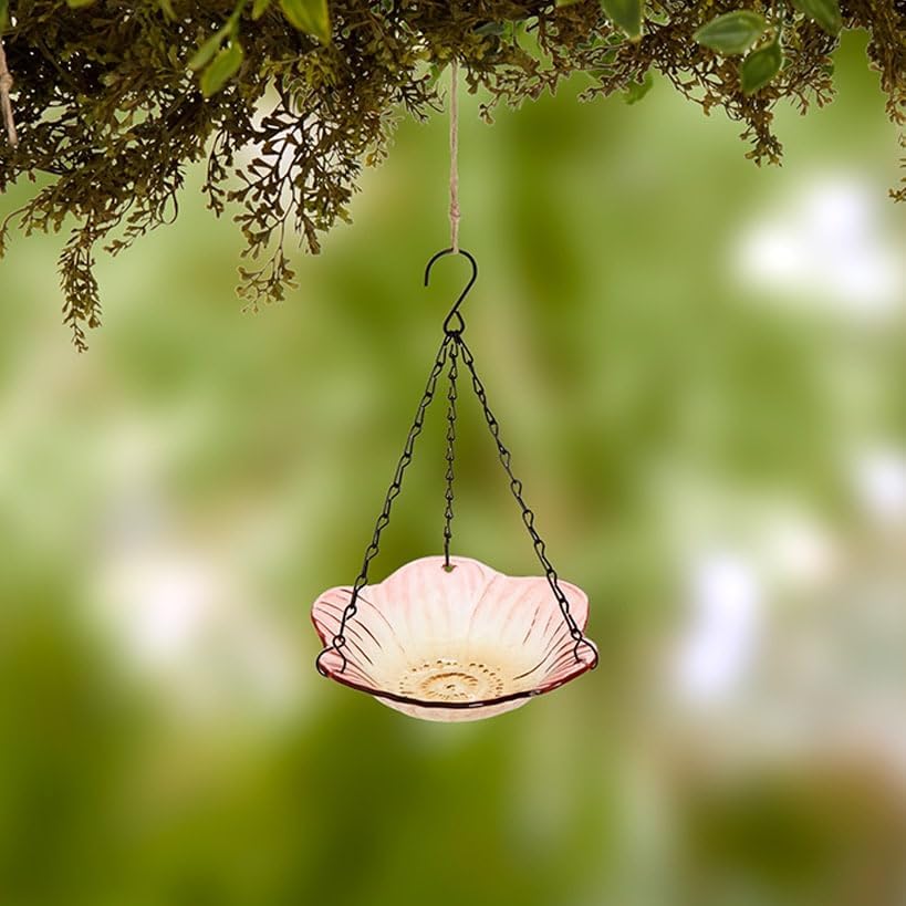 The Lakeside Collection Hanging Glass Birdbath - Flower Shape - Medium