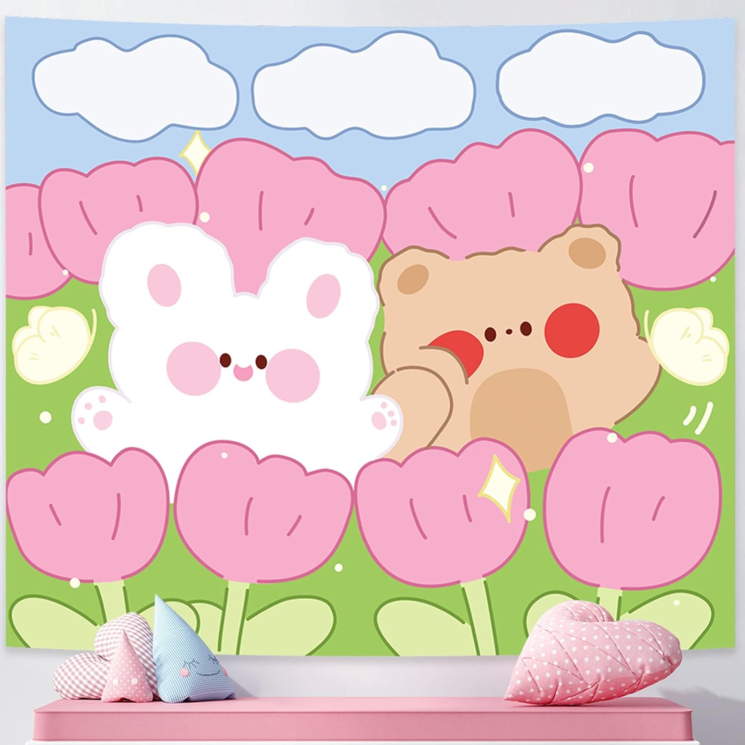 Pink Kawaii Tapestry with Flower and Clouds Design, Morocco Ubuy