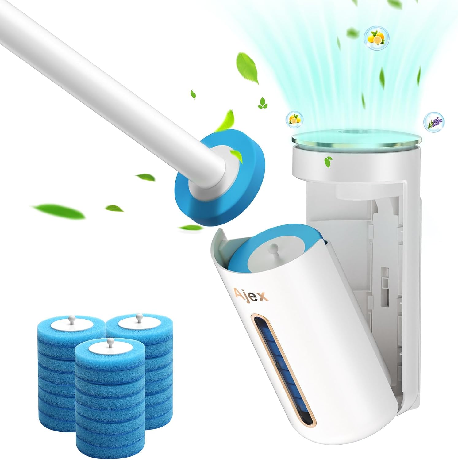 Ajex Disposable Toilet Brush,Toilet Brush System Toilet Wand Kit with 24pcs Replacable Brush Head Disc&Aromatherapy,Scents Wall Toilet Wand Kit with Holder/Storage Caddy for Bathroom Cleaning