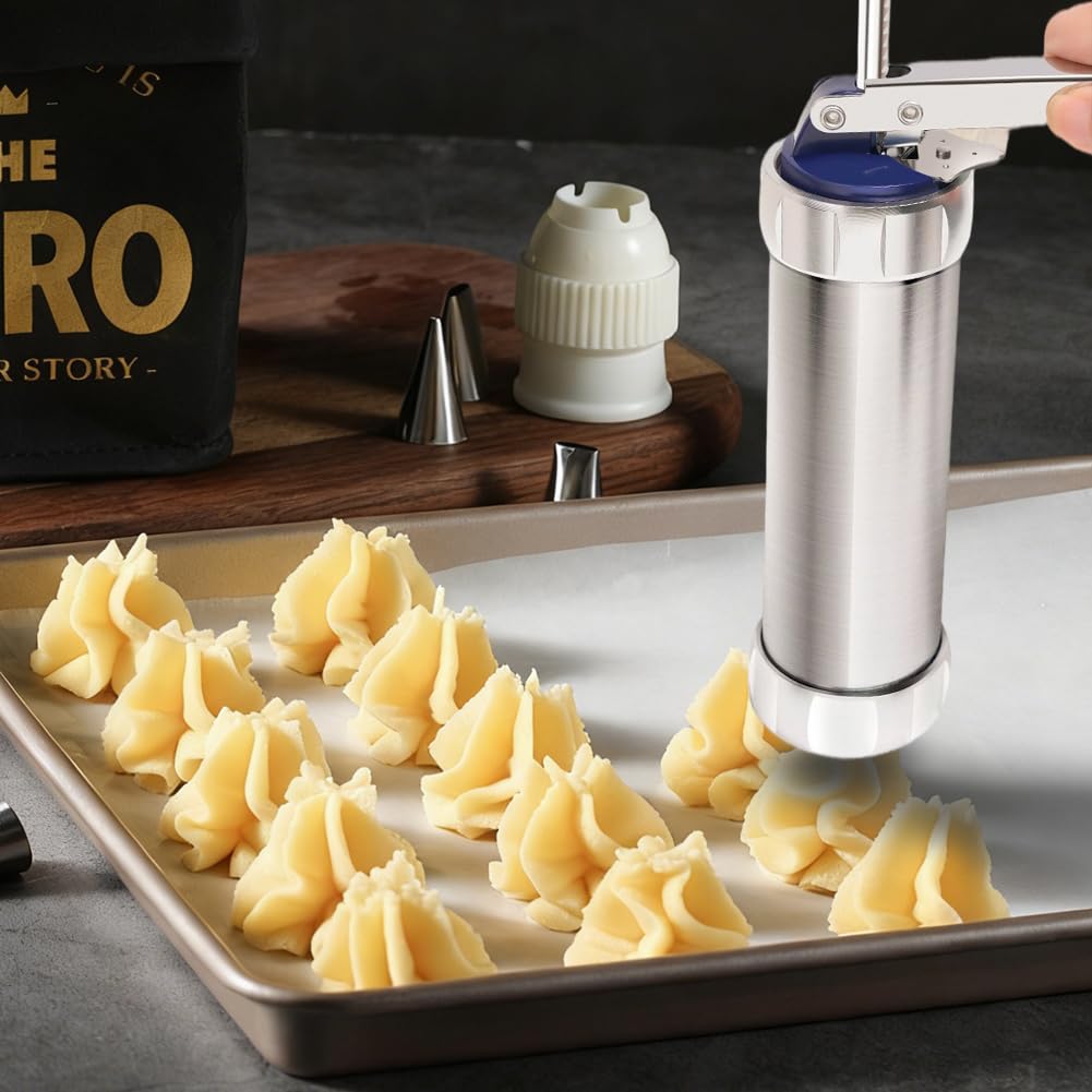 FARYODI Pressa per Pasticceria, Siringa per Pasticceria con 20 Stampi e 8 Ugelli in Acciaio Inox, Siringa per Pasta, Siringa per Dolci, Macchina per Biscotti, Pressa per Biscotti, Pressa per Impasto