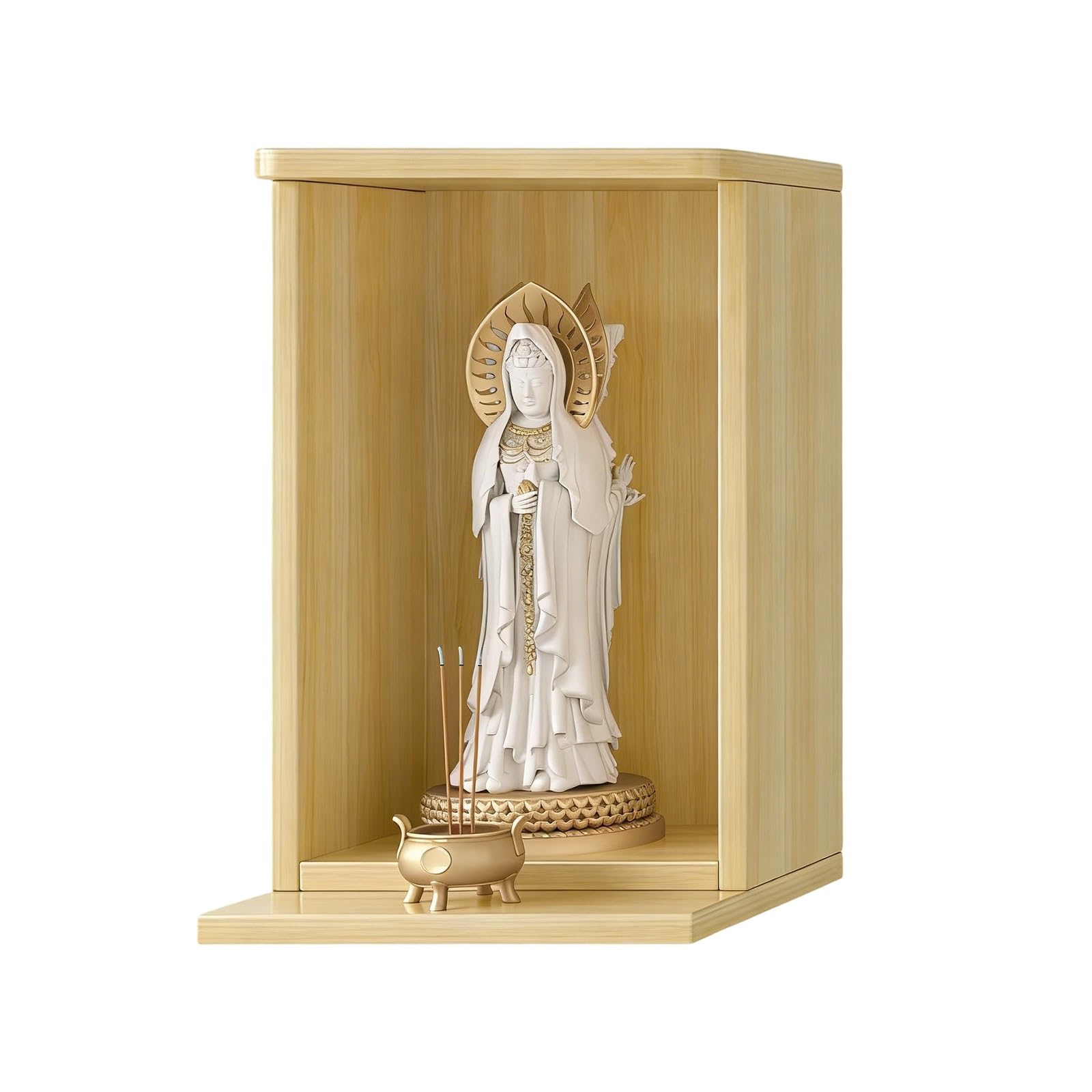 JNTFNE Wall Mounted Buddhist Shrine, Wood Altar Cabinet for Buddha Guanyin, Tabletop or Hanging Prayer Table Home Decor(Wood-A,40cm/15.7in)