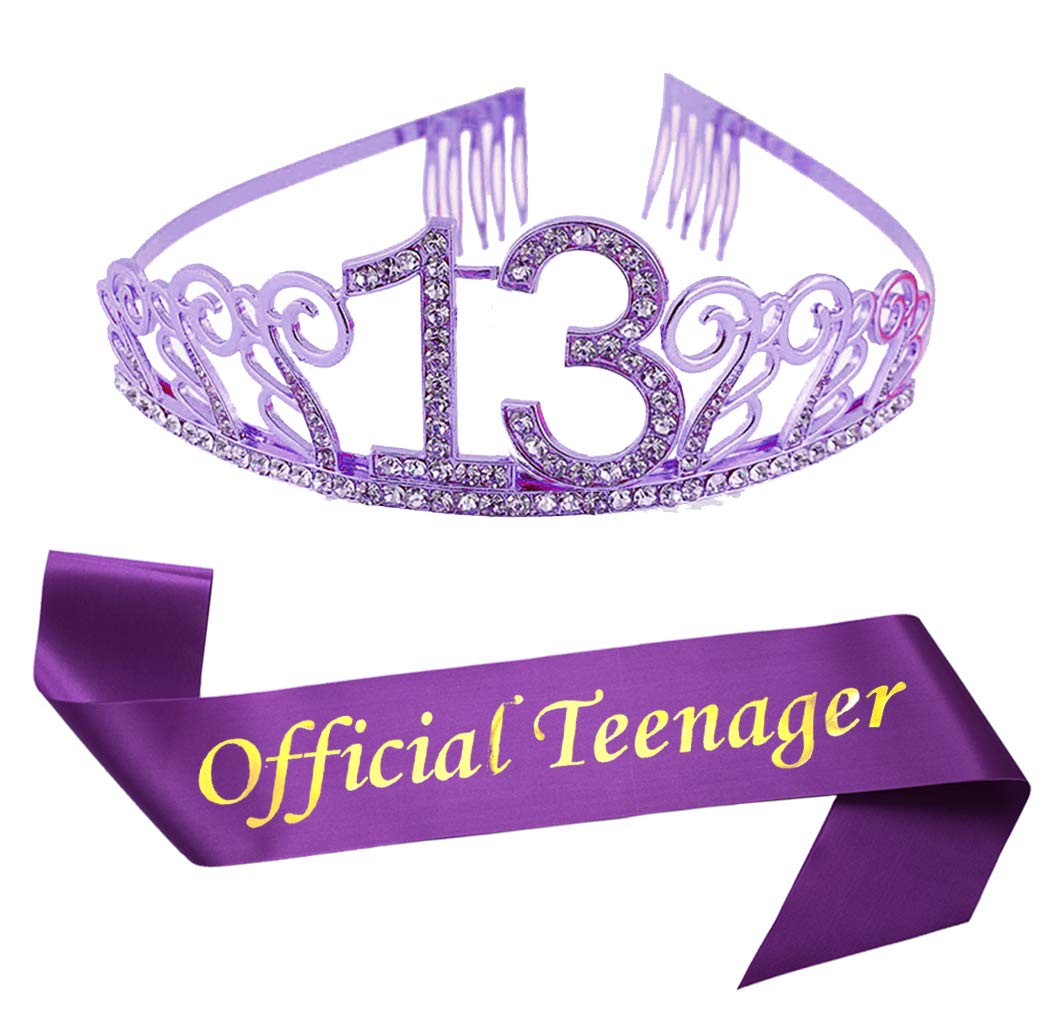 13th Birthday Purple Tiara and Sash Glitter Satin Sash and Crystal Rhinestone Tiara Crown for Happy 13th Birthday Party Supplies Favors Decorations 13th Birthday Party Accessories