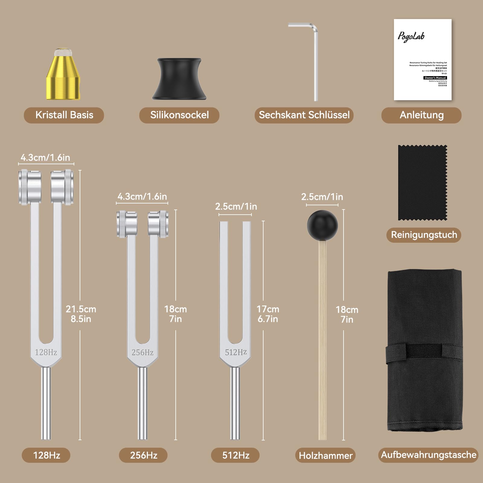 Heilende Stimmgabel Set (128Hz, 256Hz, 512Hz) - mit Kristallsockel für Chakraanpassung, Klangheilung, Meditation, Yoga, für spirituelle Entspannung