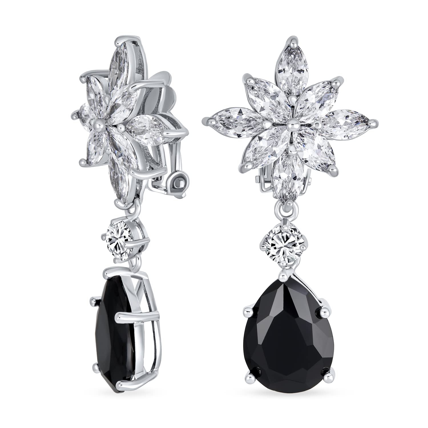 Cluster Floreale Aaa Cz Rosso O Nero Di Stile Art Deco Nuziale Dichiarazione Dangle Teardrop Chandelier Clip On Orecchini Per Le Donne Simulato Ruby Onyx Argento Placcato