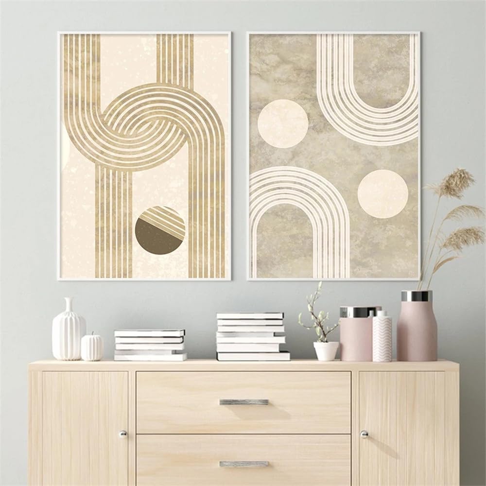 WBYZAC Set of 2-Abstract Geometric Line Mid Century Wall Art Posters Beige Modern Canvas Painting Print Pictures Living Room Interior Office Home Decor-40 * 60cm (No Frame)