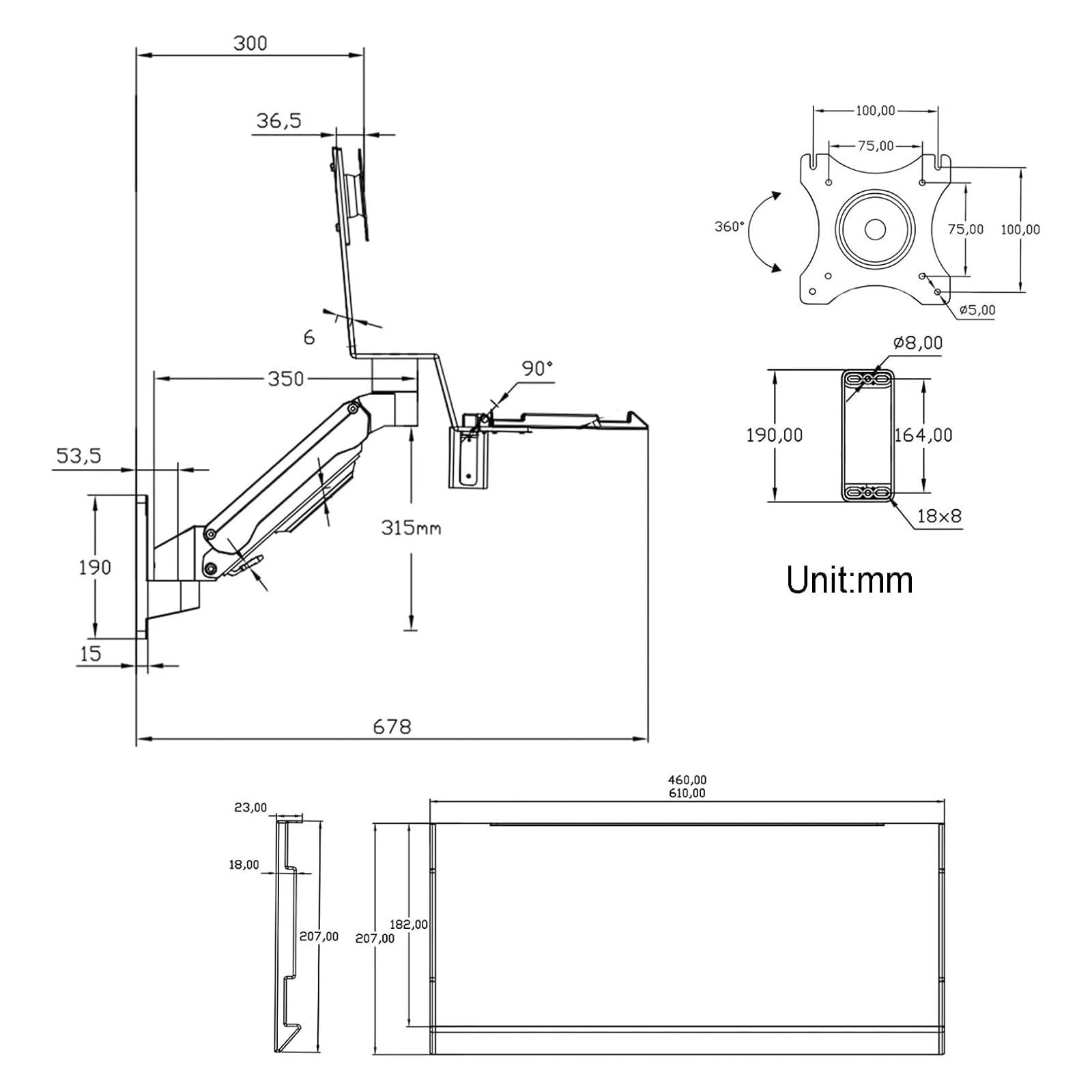 Supporto da muro per monitor e tastiera con vassoio pieghevole da 45 cm | Braccio per schermo singolo, rotazione a 5 assi, carico massimo 15 Kg, postazioni di lavoro industriali per officine