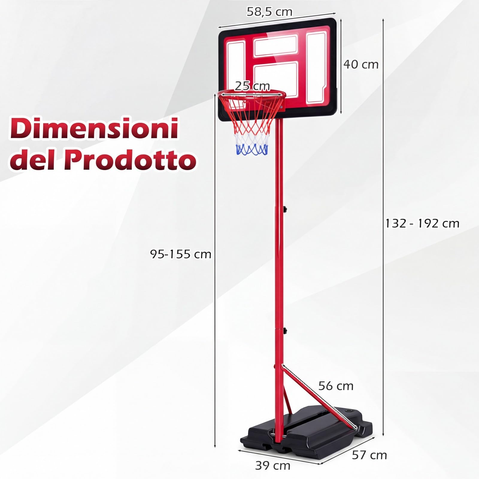 COSTWAY Canestro da Basket da Esterno ed Interno per Bambini, Canestro da Basket Regolabile in Altezza da 95 a 155 cm con Base Riempibile, Tabellone in PE e Struttura in Metallo