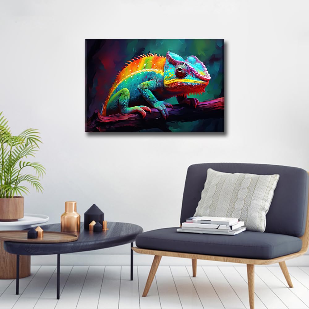 Cameleon Wall Art Animal Oil Painting with Color Splash Canvas Painting Framed for Living Room Bedroom Office Bathroom Home Decor Ready to Hang 24x16 inch - Image 4