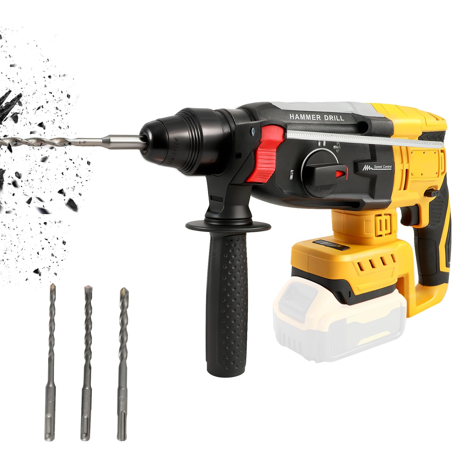 Taladro de martillo giratorio inalámbrico para Dewalt de 20 V, taladro eléctrico SDS-Plus sin escobillas con 4 funciones, mango auxiliar de 360°, 3 brocas para hormigón y pared de ladrillo (sin