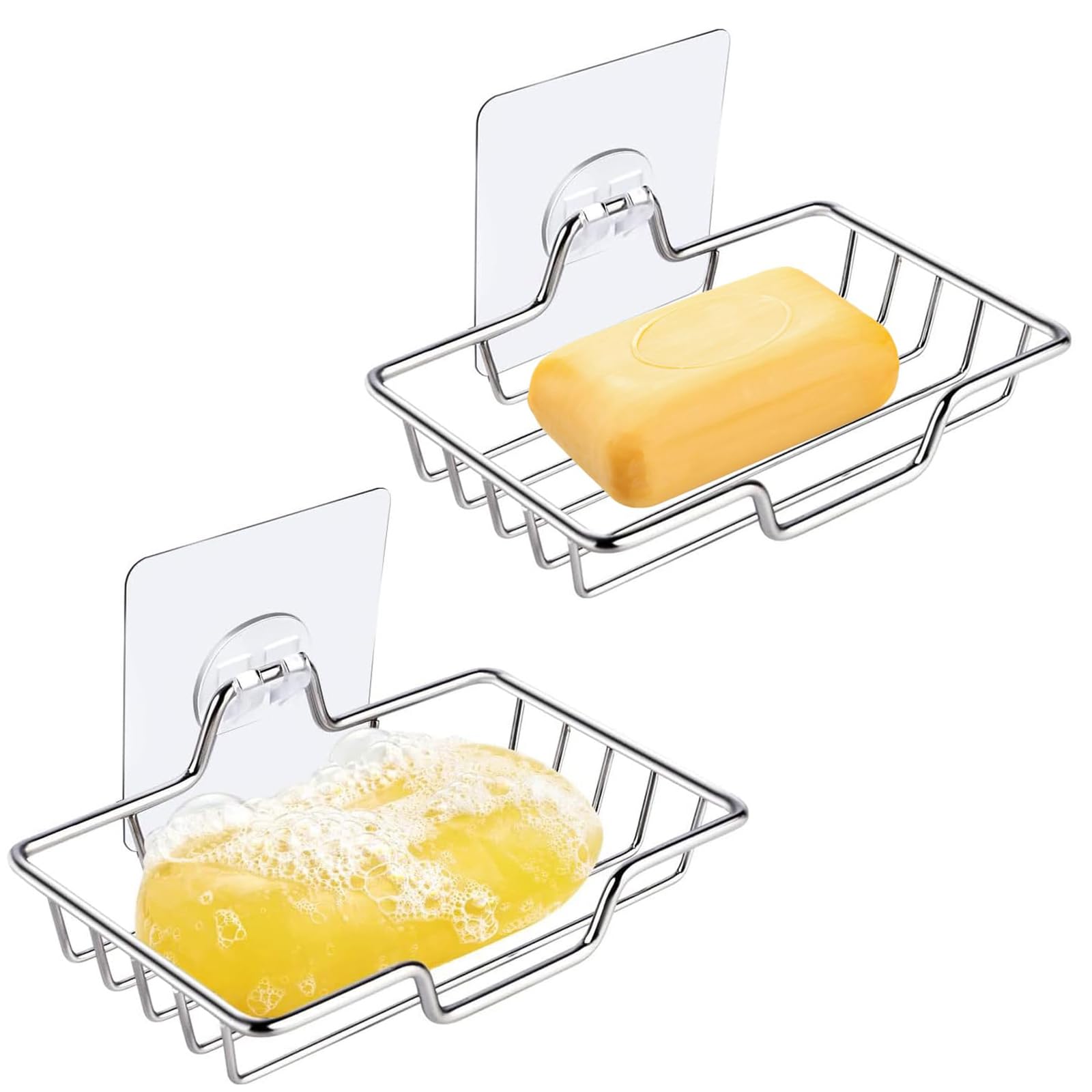 Strong Self Adhesive Soap Dish,2 Pcs Stainless Steel Wall Mounted Soap Dish Holder Wall Mounted Soap Soap Holder with Hook No Drilling Wall Mounted Soap Tray for Shower Bathroom Kitchen, Silver