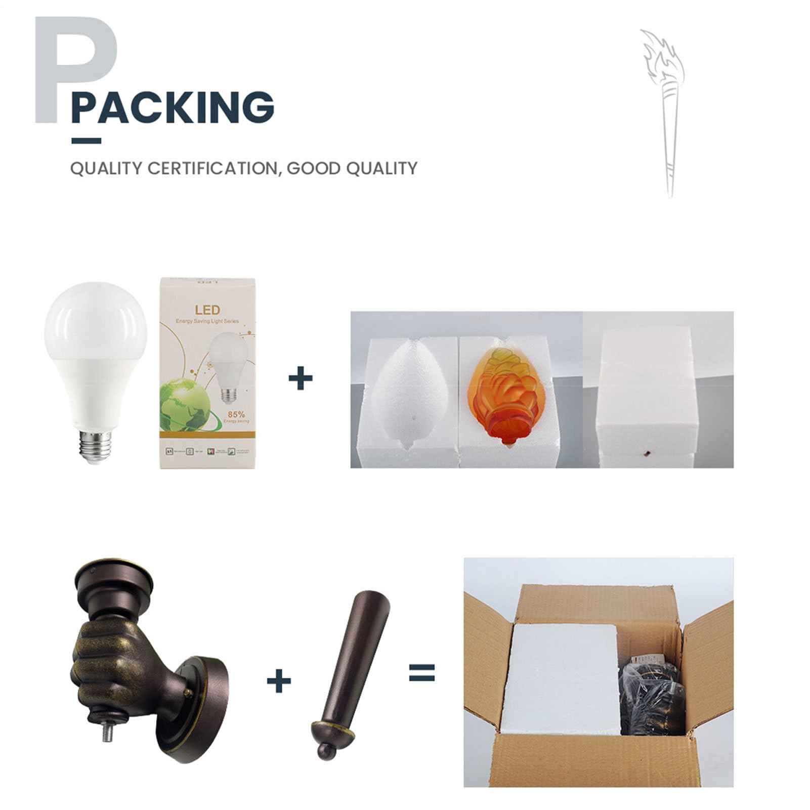 Générique Klassische Wand-Taschenlampe – Kreative Taschenlampe mit Flamme | Lampe mit Glasschirm und Faustform Halterung aus Aluminium in Antikbraun