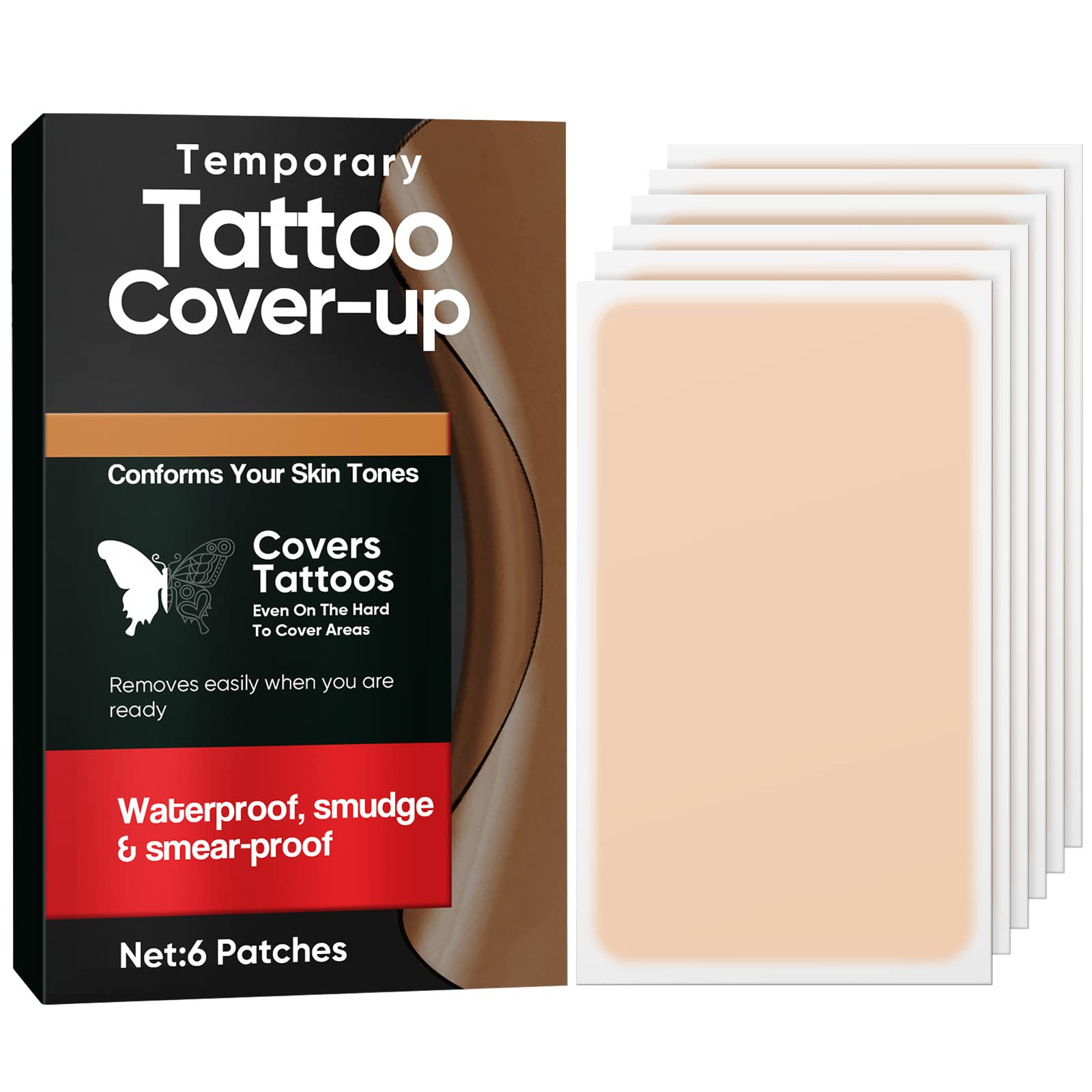 Tattoo Cover Up Patch, Ultra-Thin Waterproof Tattoo Cover Up Tape for Tattoos, Scars, and Birthmarks, Invisible & Breathable Concealer for All Skin Tones 6 PCS