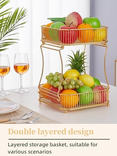 Cesta de frutas dorada de 2 niveles para encimera de cocina, estante de almacenamiento de alambre de metal, soporte para frutas, soporte organizador