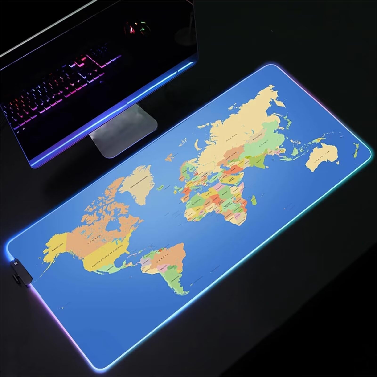 Mapa del Mundo RGB Alfombrilla de ratón para Juegos 900x400x4mm Alfombrilla Ratón Grande Alfombrilla de Escritorio LED con Base de Goma Antideslizante para Gamers PC y Portátil
