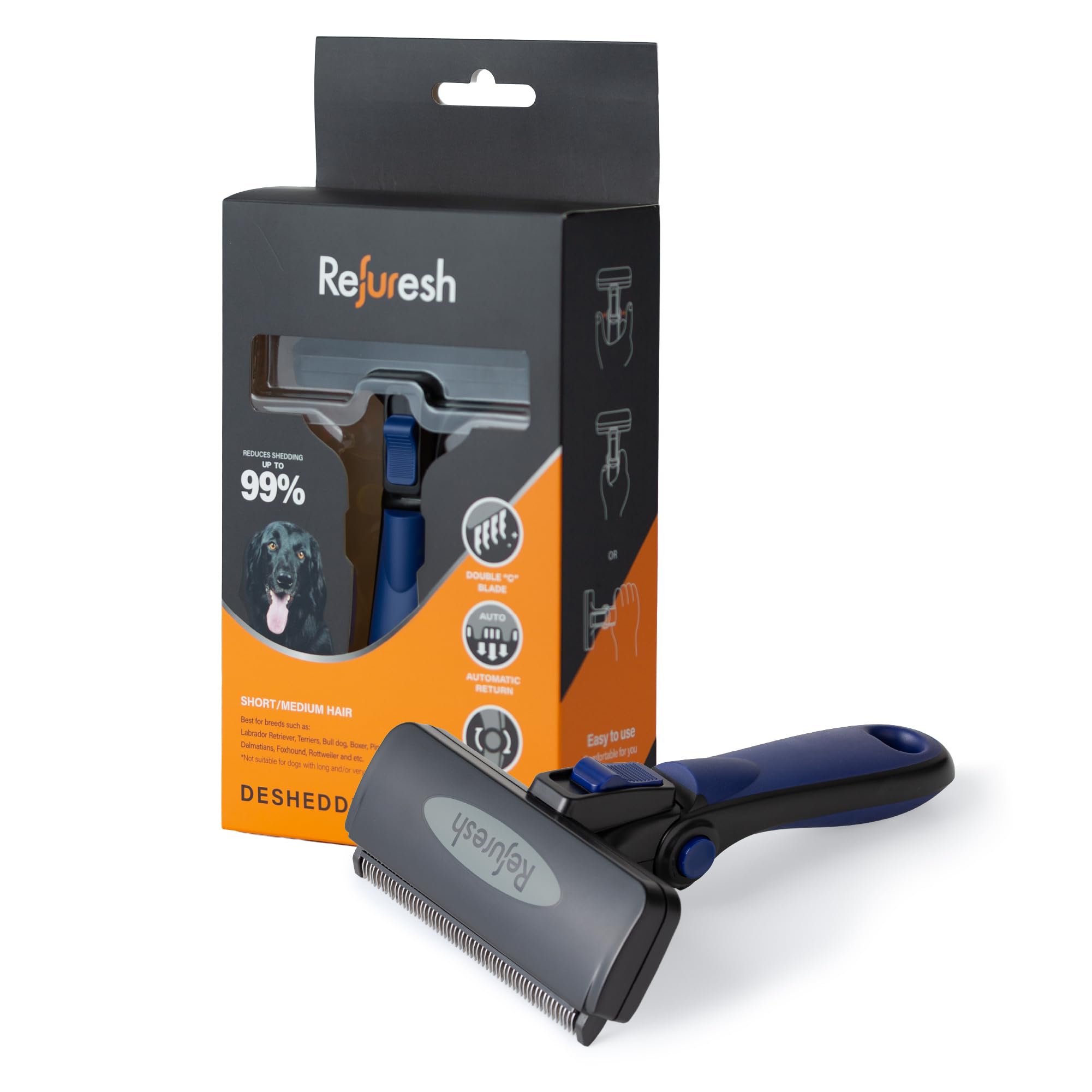 Refuresh Deshedding Dog Brush for Short/Medium Hair (Large,Blue) – Gentle Deshedding tool for Dogs & Cats – Reduces shedding, without damaging topcoat