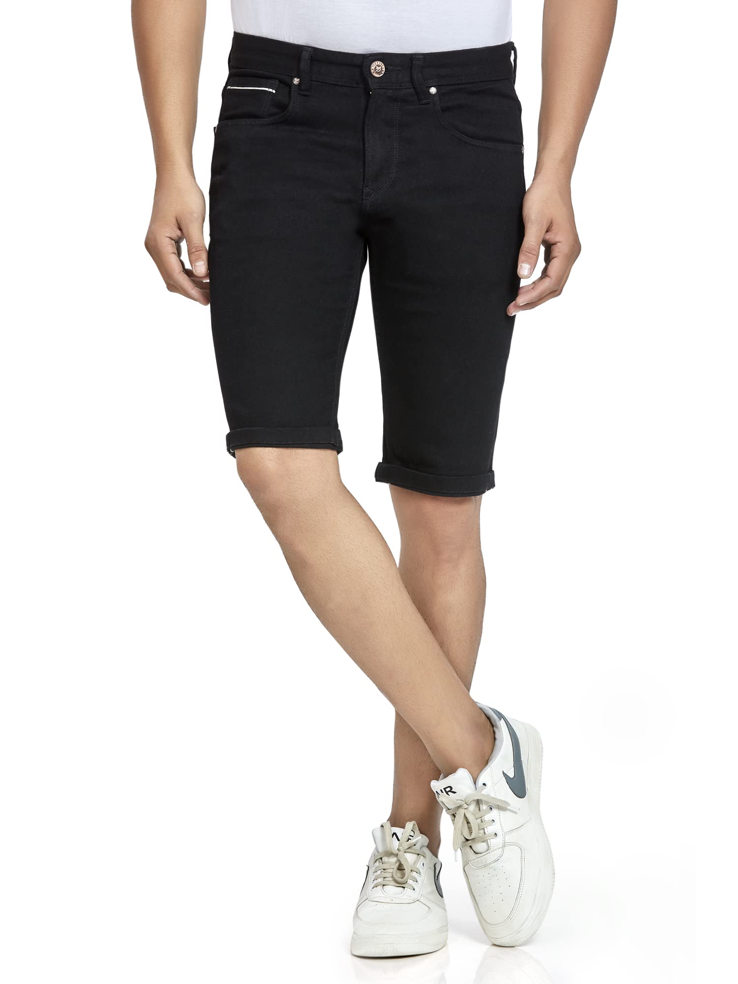 RIVERLINEMen's Denim Skinny Fit Shorts with Mid-Rise Crafted Comfort Fit for High Performance Everyday Wear | Men's Shorts | Cotton Shorts | Relaxed Fit Solid | Casual Wear | Skinny Fit