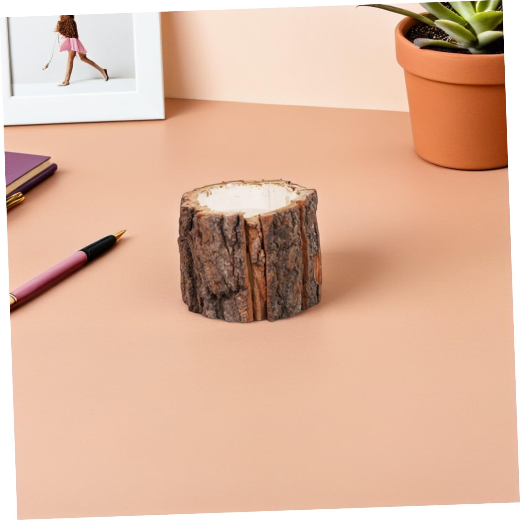Pot à Crayons Lot de 5 en Bois, Design Écorce, de Bureau Rentrée Scolaire