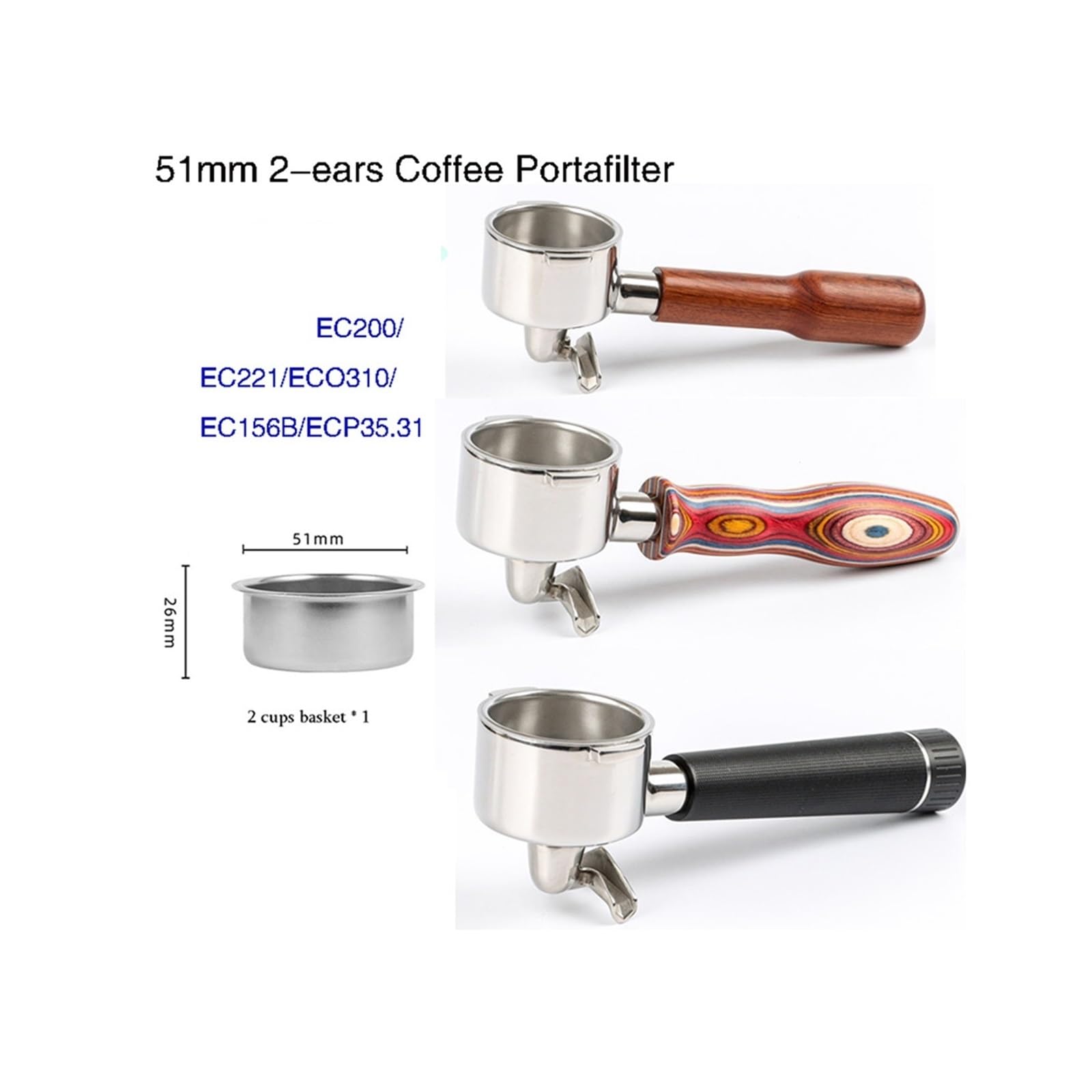 Portafiltro De Café De 51 Mm Con Dos Orejas Y Doble Boca, De Acero Inoxidable, Compatible Con Cafeteras Delonghi EC221/ECO311/EC156B Con Cesta.(S walnut wood)