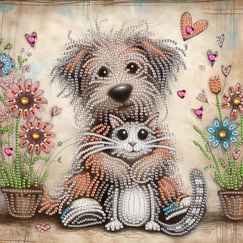 Image of AiYuanzsh 5D Special Shape Diamond Art Kits for Beginners, Diamond Art Painting Kits for Adults, Crystal Rhinestones Diamond Art Painting for Home Wall Decoration Gift 12x12 inch, Cat and Dog