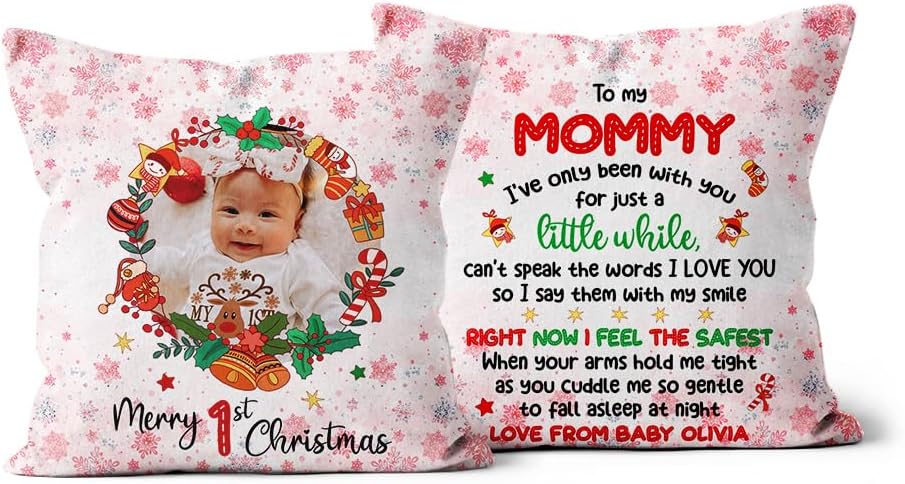 Personalized Square Pillow for New Mommy from Newborn Baby Gifts for Future Mom Gifts for Baby First Christmas Photo Custom Name & Photo Double Sided Sofa Couch Cushion On Christmas