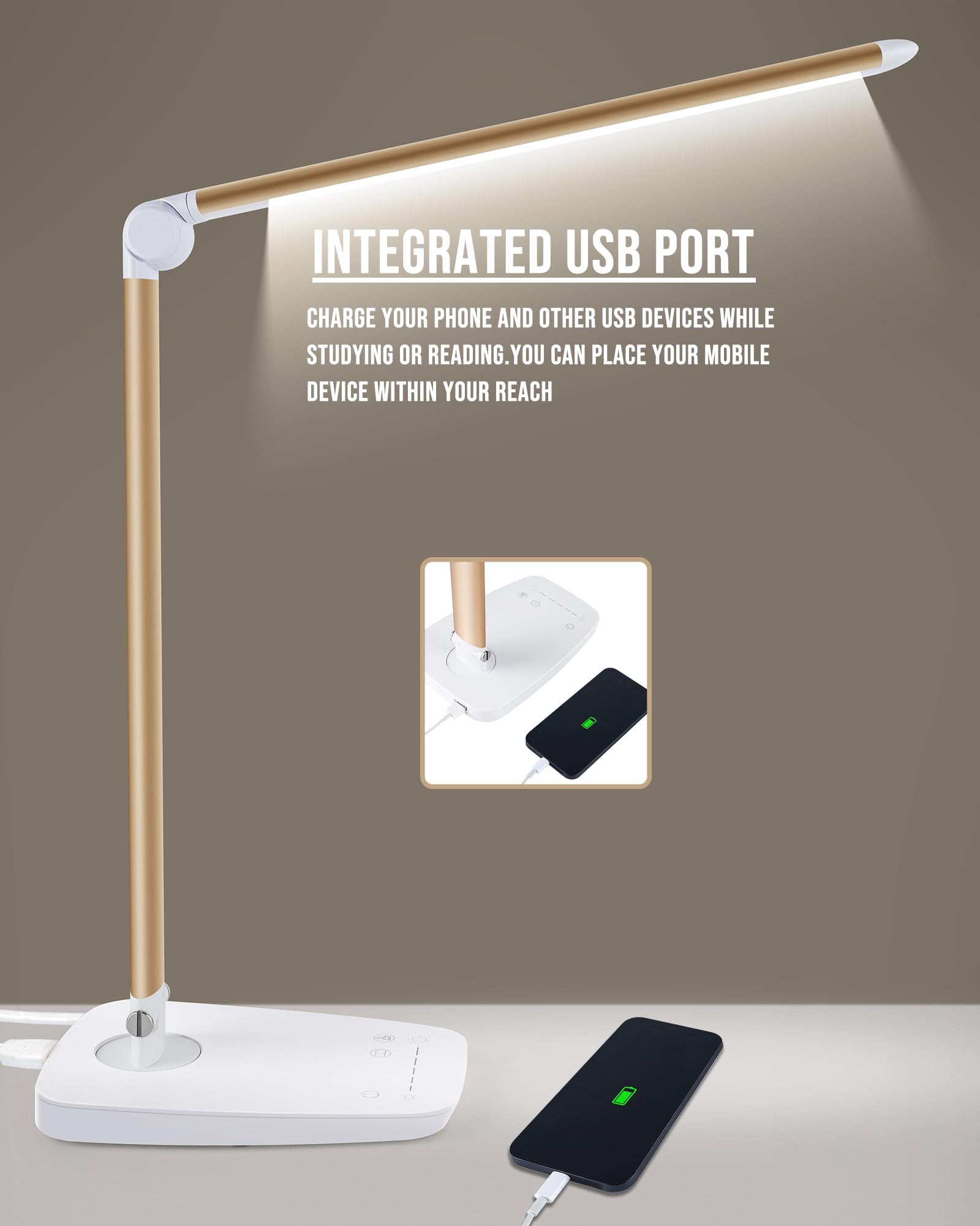 Lámpara de escritorio LED regulable con puerto de carga USB, control táctil, plegable, cuello de cisne de rotación libre, lámpara de mesa ajustable para el cuidado de los ojos, luz de lectura 6