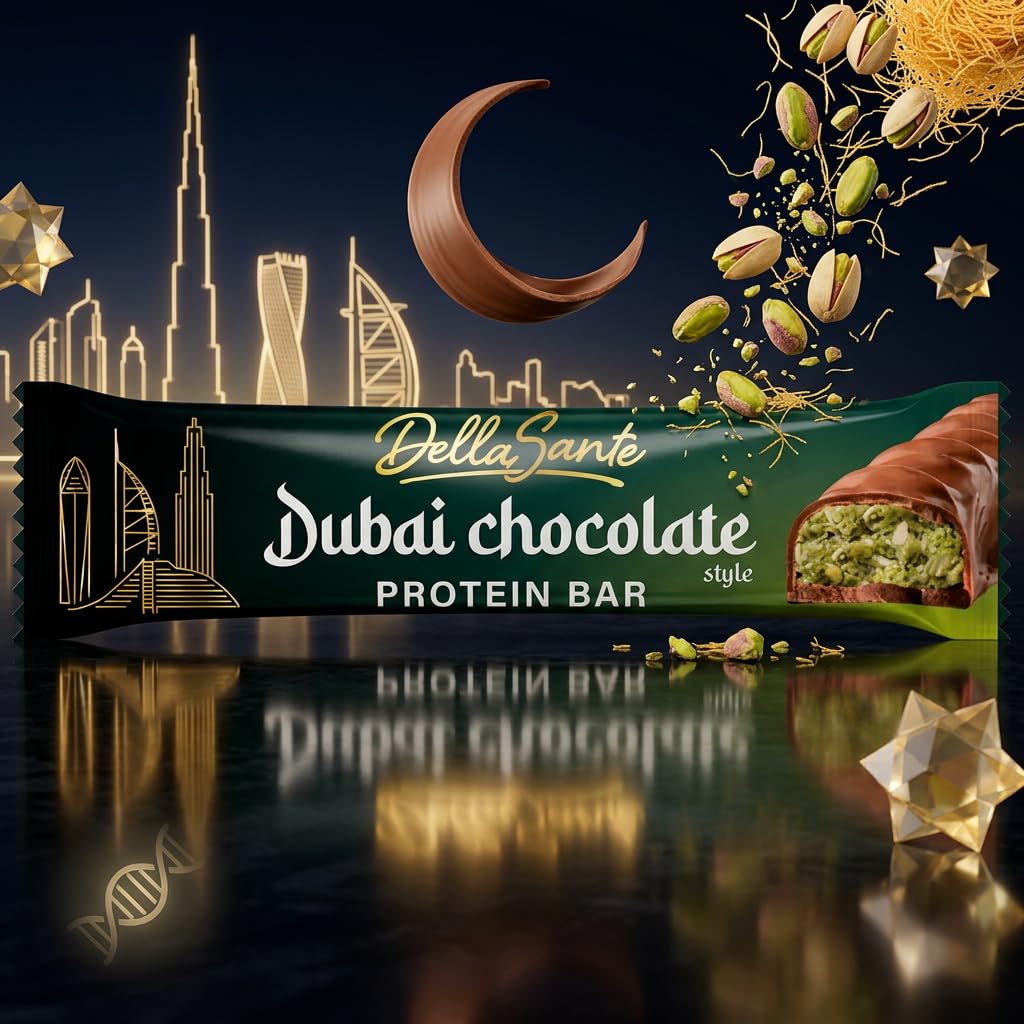 DellaSante – Protein Riegel Pistazie in Milchschokolade, 24x45g, Eiweißriegel für Sport & Fitness, Ohne Palmöl, Kadayif-Crunch Protein Bar