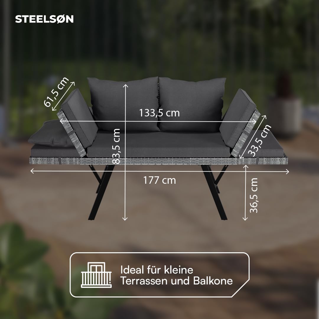 STEELSØN Elytra Gartenbank inkl. Auflagen & Kissen – klappbares Loungesofa grau – Rattan Sonnenliege wetterfest – Terrassen Sitzbank Liegefunktion bis 177 cm – Gartencouch mit verstellbaren Armlehnen
