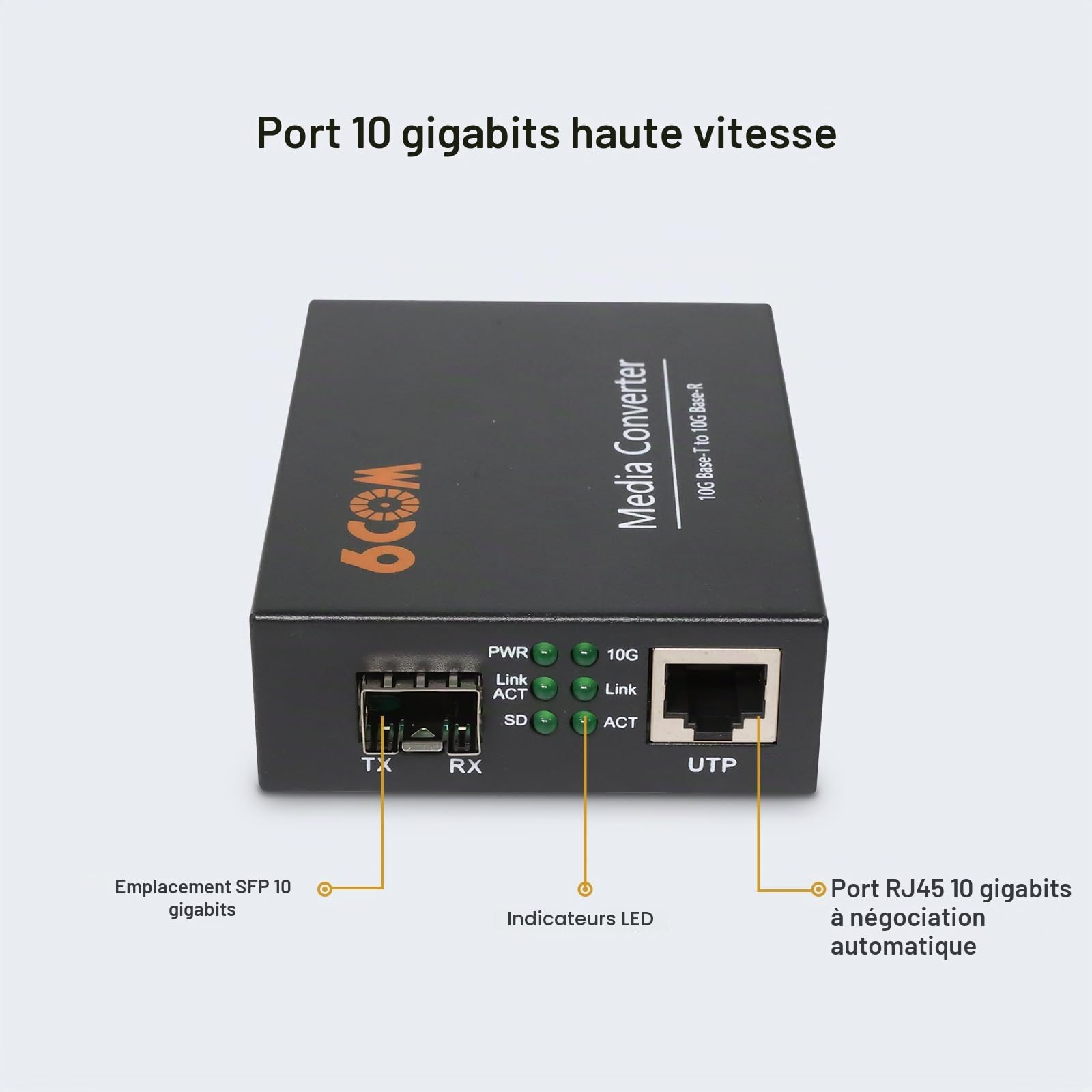 Convertisseur de média en fibre 10G, non géré 1 emplacement RJ45 à négociation automatique 1 000 M/2,5 G/5 G/10 GBase-T vers 1 fente SFP+ 10GBase-X, prend en charge l'émetteur-récepteur