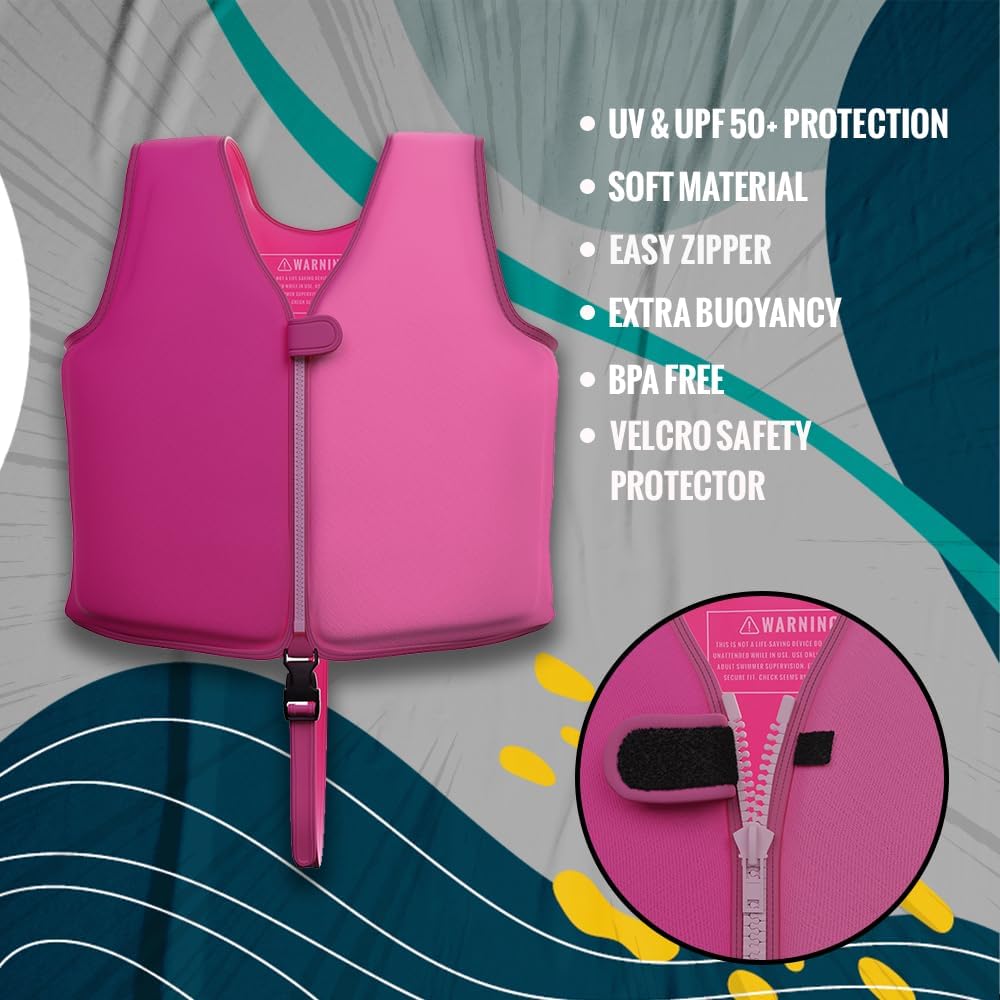 Toddler Swim Vest Floaties Jackets for Kids Pool Float Training to Swim or Fishing 33-60 lbs Boys Girls Vest (Pink, Medium)