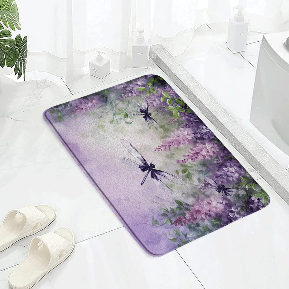 JONSEQIN Purple Dragonfly Flower Bath Mat Wisteria and Animals Rustic Violet Leaves Wildlife Watercolor Nature Floral Memory Foam Bathroom Kitchen