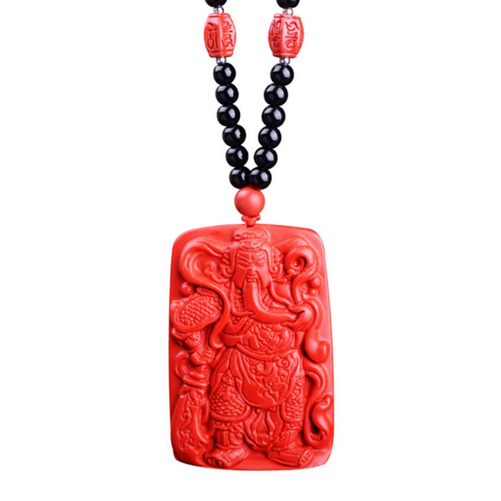LOMOL Unique Cool "Patron saint" Red Cinnabar Pendant Necklace With Bead Chain Costume Jewelry Gift For Men&Women